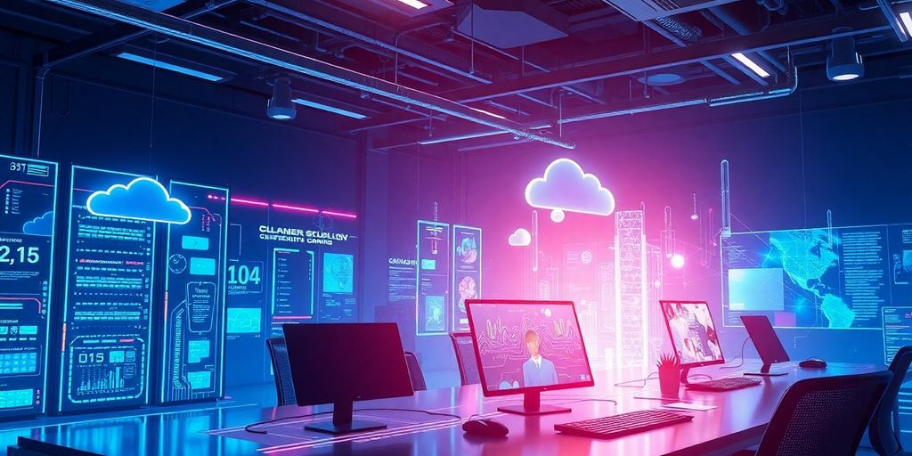Futuristic workspace with AI and quantum computing elements.