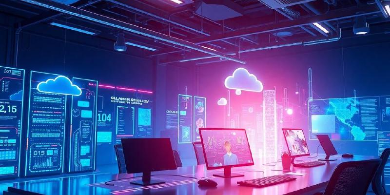 Futuristic workspace with AI and quantum computing elements.