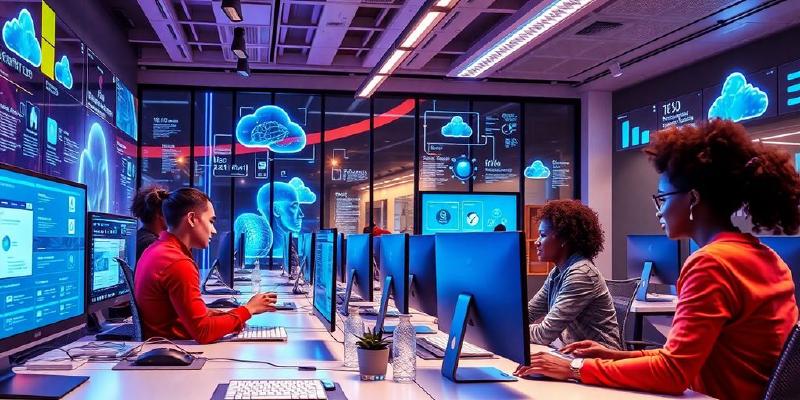 Futuristic office with advanced technology and collaboration tools.
